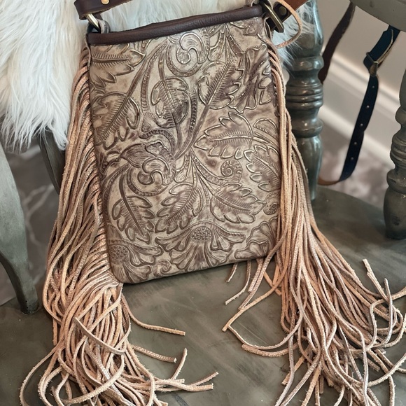 Champagne Tooled Leather Purse with Playful 12" Fringe - Handmade in USA - Picture 3 of 16